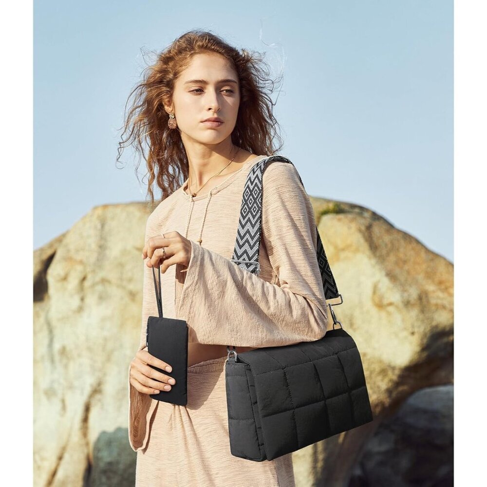 Women's Black Lightweight Cotton Padded Imported Puffer Shoulder Bag - Picture 2 of 7